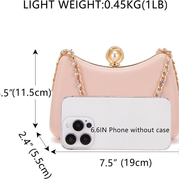 Pink Moon-Shaped Crystal Chain Evening Clutch for Women, Waterproof PU Leather, - Picture 2 of 6